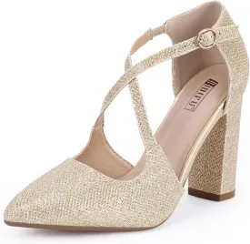 IDIFU Women's IN4 Chunky High Heels Pumps Closed Toe Block Strappy Heels Pointed Toe Dress Shoes for Women Prom Wedding Party Office Work Formal