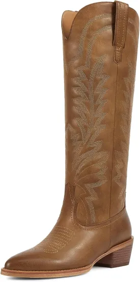 ISNOM Cowboy Boots for Women Knee High Cowgirl Boots with Classic Embroidered Pointed Toe Chunky Heel Pull On Fashion Retro Western Tall Boots