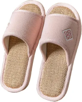Linen Open-Toe Slide Slippers for Women, Non-Slip Indoor Outdoor House Shoes with Comfortable Sole