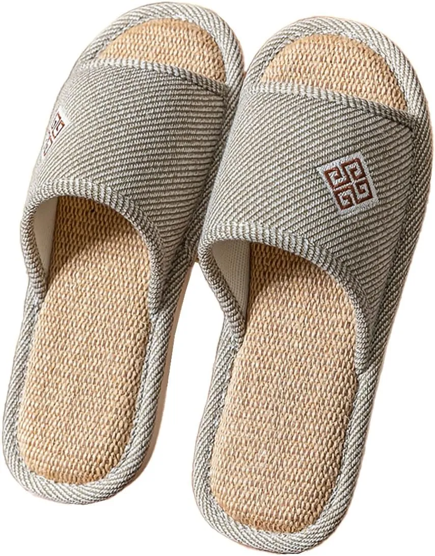 Linen Open-Toe Slide Slippers for Women, Non-Slip Indoor Outdoor House Shoes with Comfortable Sole