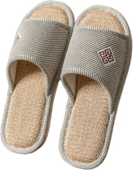 Linen Open-Toe Slide Slippers for Women, Non-Slip Indoor Outdoor House Shoes with Comfortable Sole
