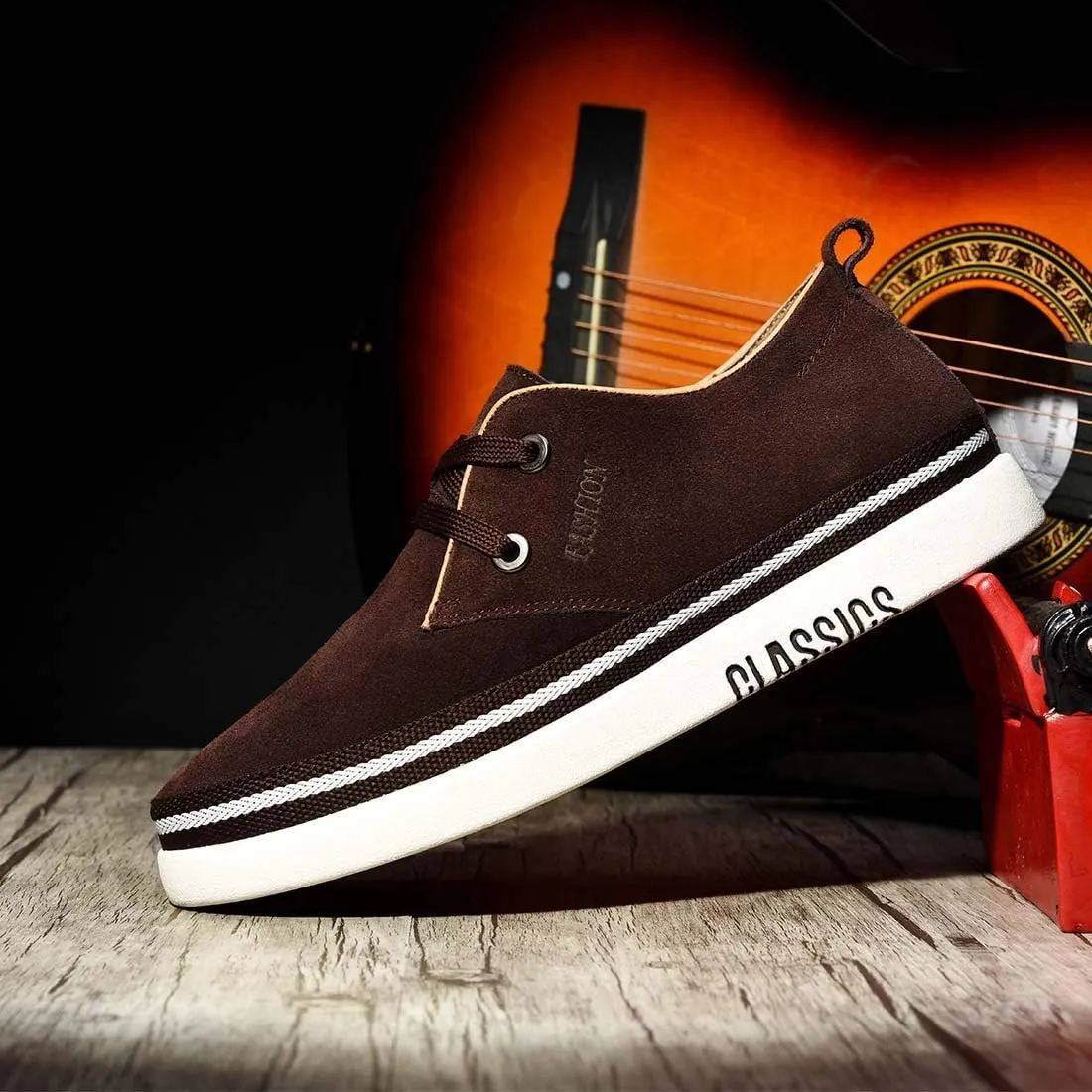Men's Invisible Height Increasing Elevator 2 Inches Taller Shoes Leather Suede Stitching Lace-up Thick Sole Oxfords