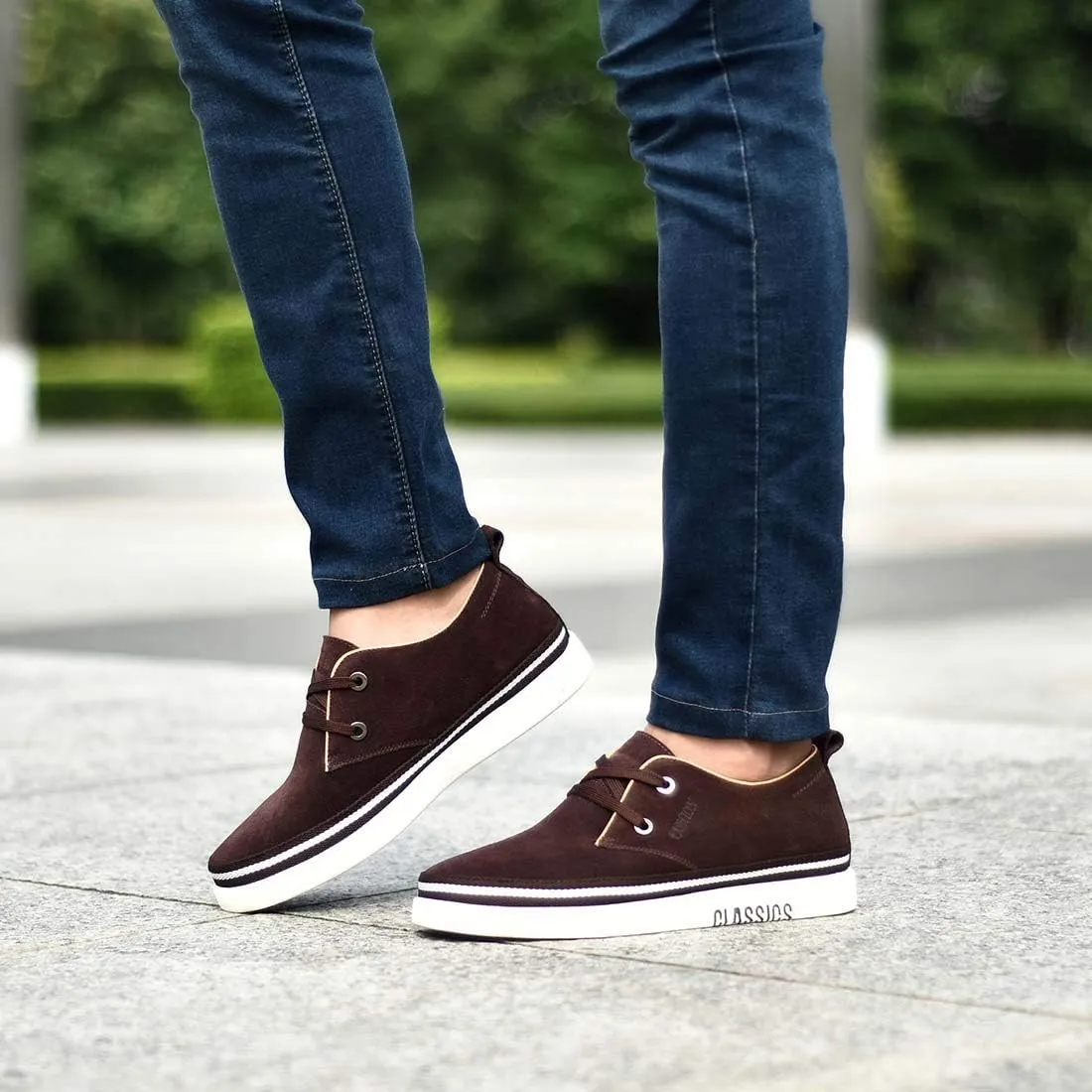 Men's Invisible Height Increasing Elevator 2 Inches Taller Shoes Leather Suede Stitching Lace-up Thick Sole Oxfords