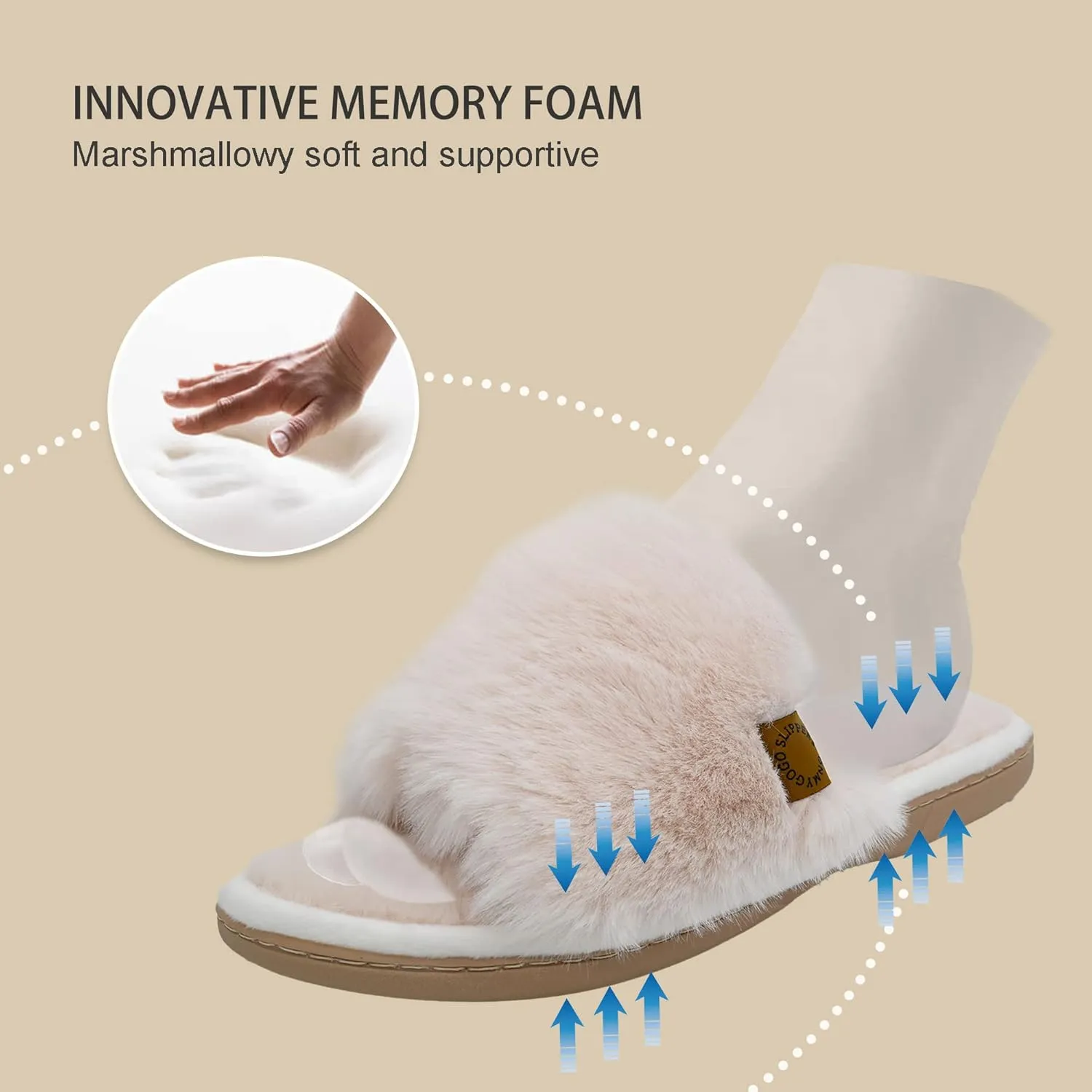 Onmygogo Indoor Slippers for Women Open Toe with Memory Foam, Soft Faux Fur Nonslip House Slippers
