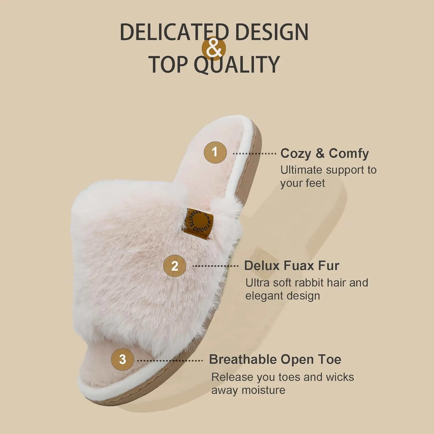 Onmygogo Indoor Slippers for Women Open Toe with Memory Foam, Soft Faux Fur Nonslip House Slippers