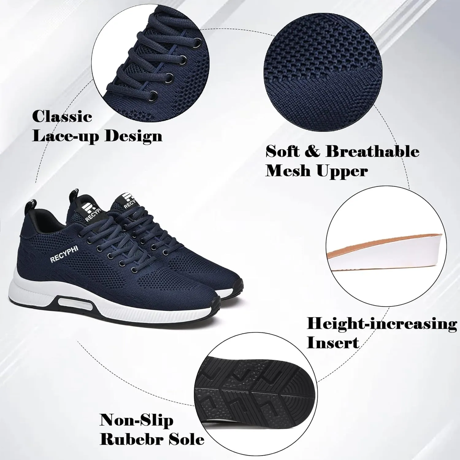 Recyphi Men's Invisible Height Increasing Elevator Shoes Lightweight Sport Shoes Height-Boosting Fashion Sneakers 2.4'' Taller