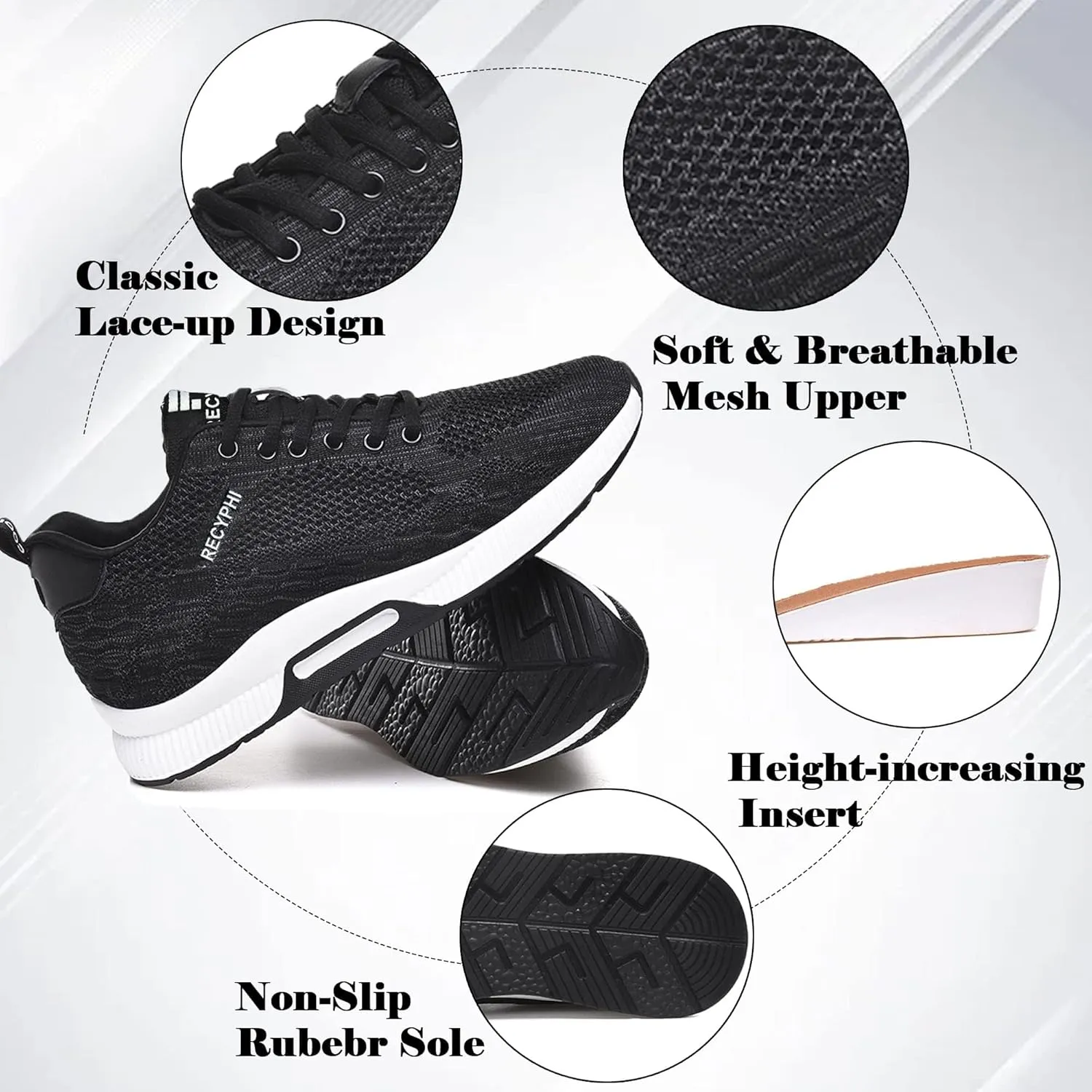 Recyphi Men's Invisible Height Increasing Elevator Shoes Lightweight Sport Shoes Height-Boosting Fashion Sneakers 2.4'' Taller