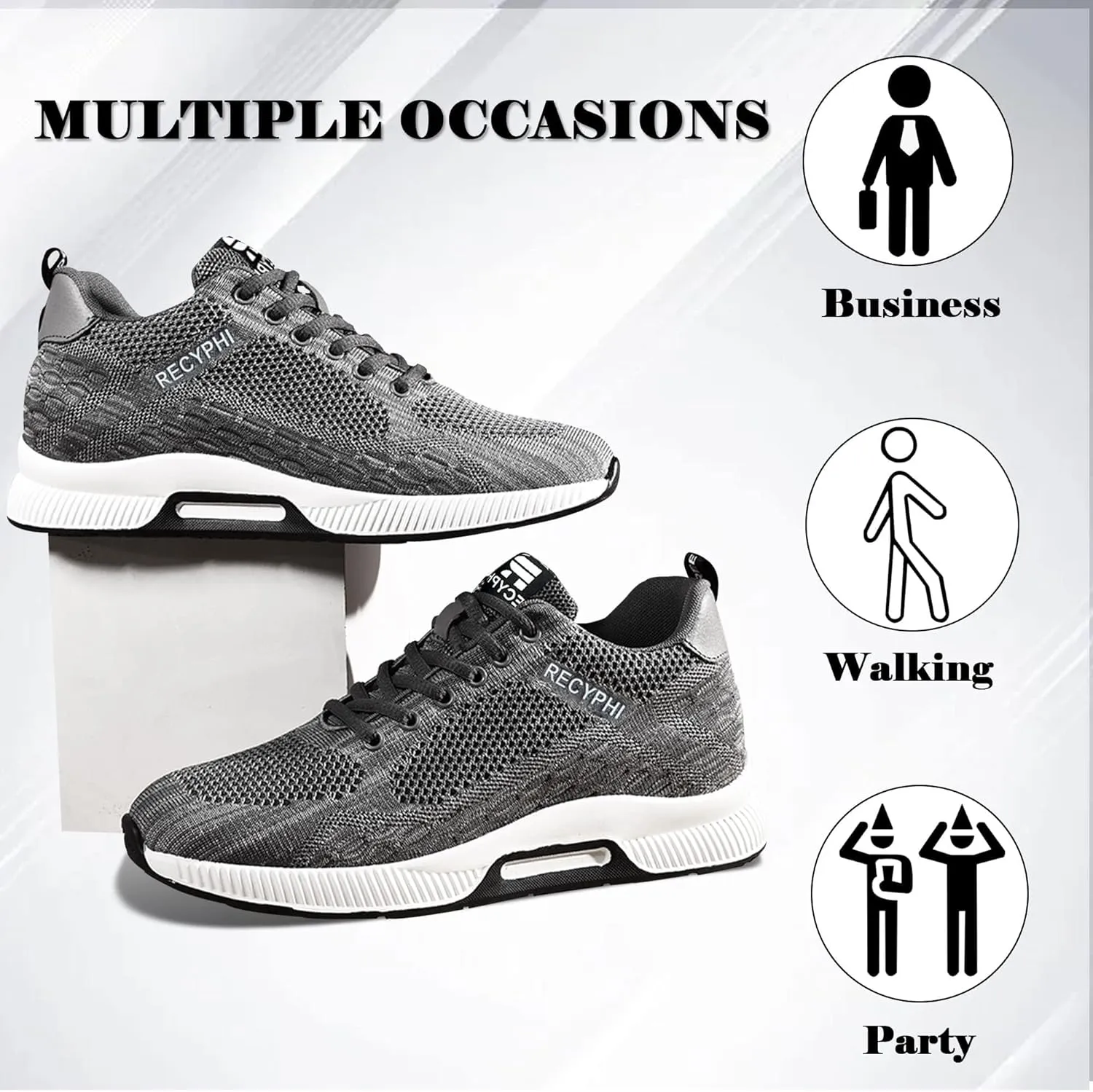 Recyphi Men's Invisible Height Increasing Elevator Shoes Lightweight Sport Shoes Height-Boosting Fashion Sneakers 2.4'' Taller