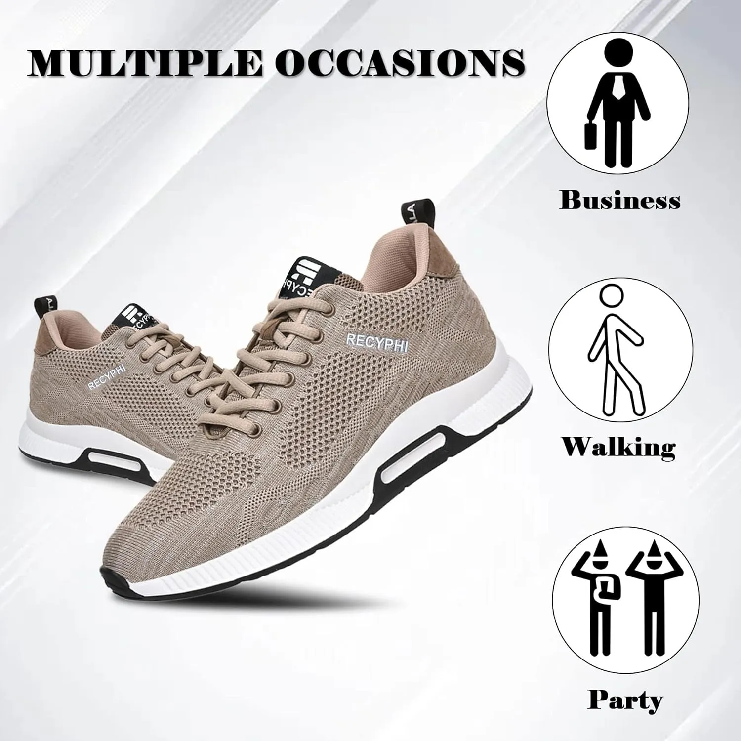 Recyphi Men's Invisible Height Increasing Elevator Shoes Lightweight Sport Shoes Height-Boosting Fashion Sneakers 2.4'' Taller