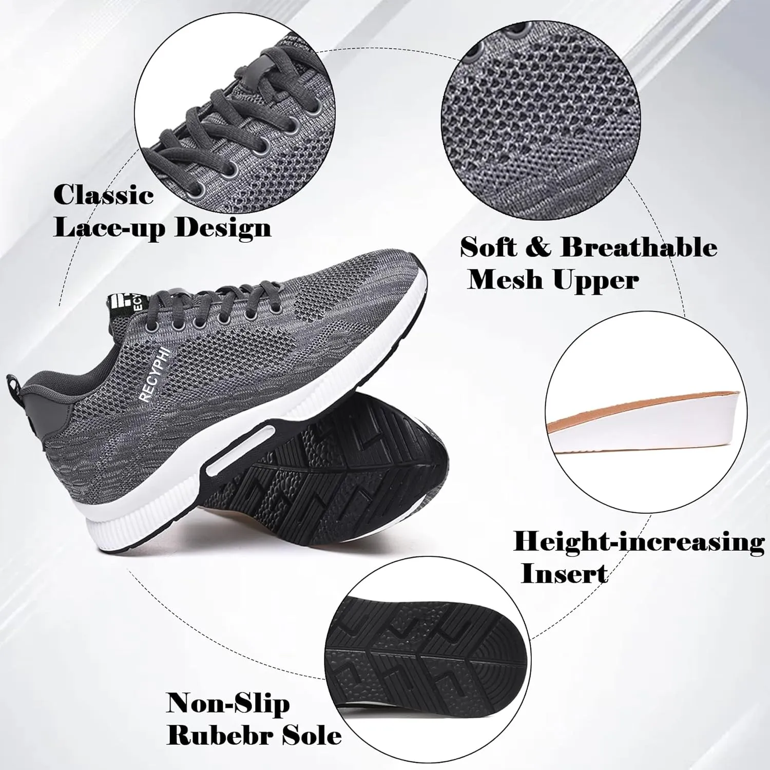 Recyphi Men's Invisible Height Increasing Elevator Shoes Lightweight Sport Shoes Height-Boosting Fashion Sneakers 2.4'' Taller