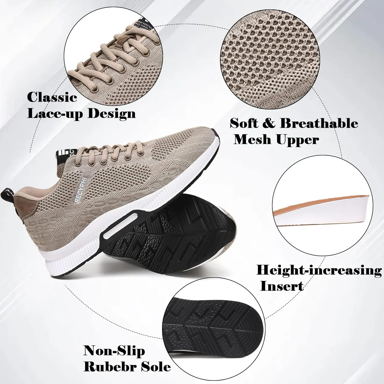 Recyphi Men's Invisible Height Increasing Elevator Shoes Lightweight Sport Shoes Height-Boosting Fashion Sneakers 2.4'' Taller