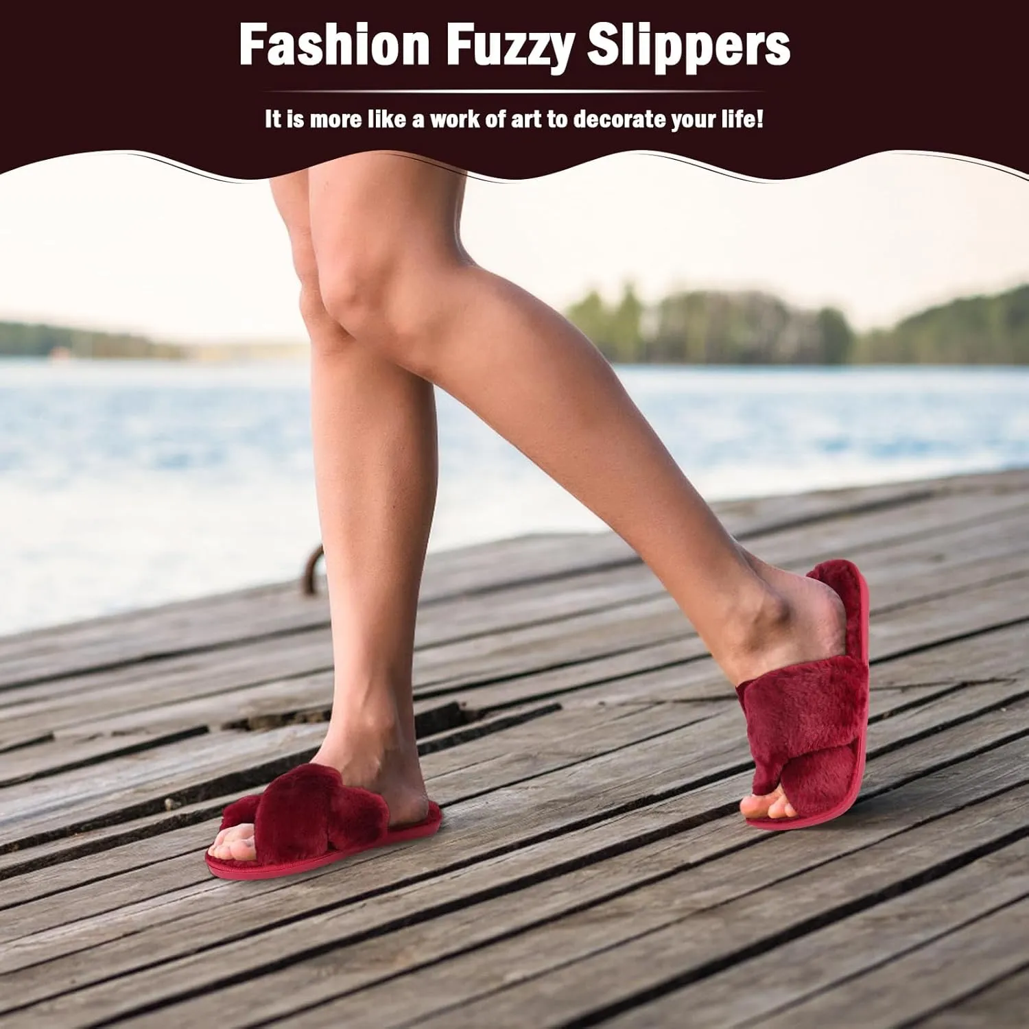 Slippers for Women,Women's Cross Band Slippers Fuzzy Soft House Slippers,Plush Memory Foam Shoes Cross Band Indoor Outdoor Open Toe Slipper