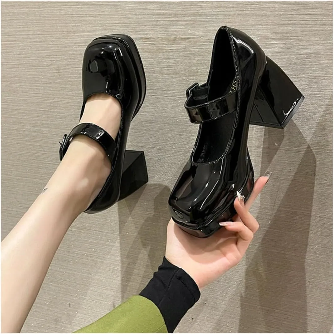 Ulalaza Womens Platform Mary Janes Dress Pumps Chunky Platform Shoes Patent Leather Gothic Lolita Sweet Toe Ankle
