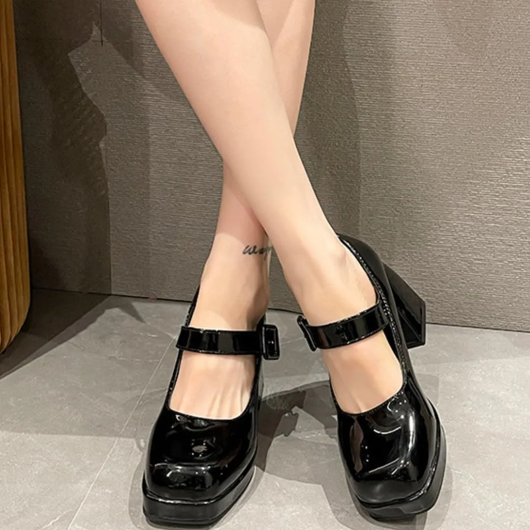 Ulalaza Womens Platform Mary Janes Dress Pumps Chunky Platform Shoes Patent Leather Gothic Lolita Sweet Toe Ankle