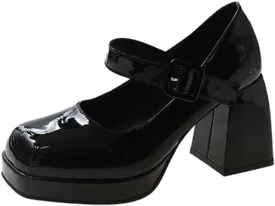 Ulalaza Womens Platform Mary Janes Dress Pumps Chunky Platform Shoes Patent Leather Gothic Lolita Sweet Toe Ankle