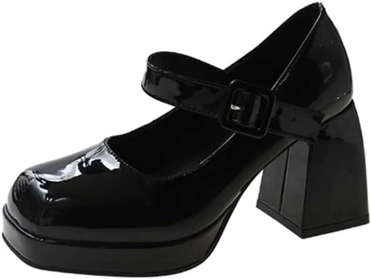 Ulalaza Womens Platform Mary Janes Dress Pumps Chunky Platform Shoes Patent Leather Gothic Lolita Sweet Toe Ankle