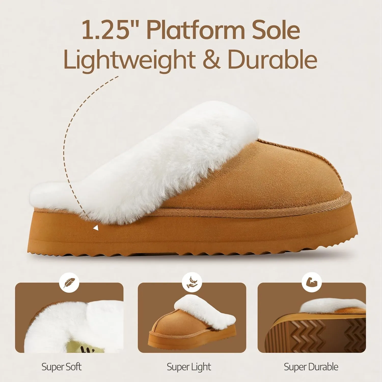 WaySoft Genuine Australian Sheepskin Women Platform Slippers, 100% Shearling Platform Indoor and Outdoor Fluffy Wool Slippers