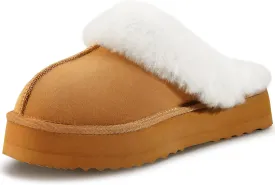 WaySoft Genuine Australian Sheepskin Women Platform Slippers, 100% Shearling Platform Indoor and Outdoor Fluffy Wool Slippers