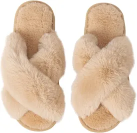 Women's Cross Band Fuzzy Slippers Fluffy Open Toe House Slippers