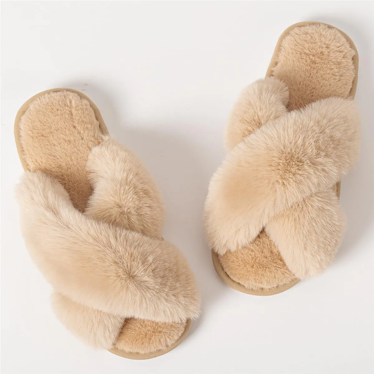 Women's Cross Band Fuzzy Slippers Fluffy Open Toe House Slippers