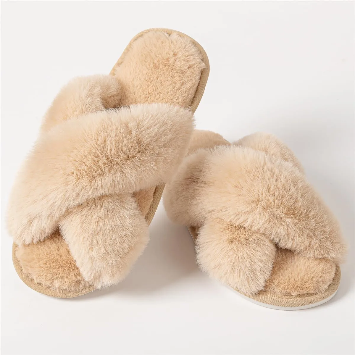 Women's Cross Band Fuzzy Slippers Fluffy Open Toe House Slippers
