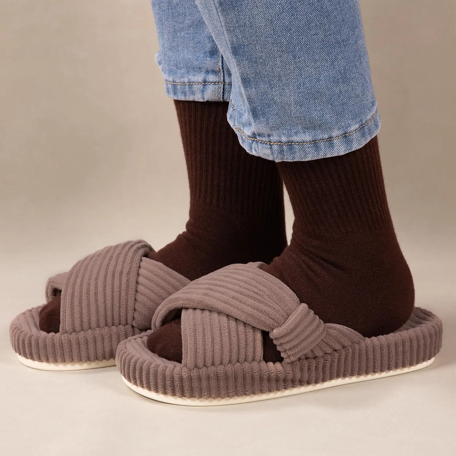 Women's House Slippers Corduroy Indoor Slippers Memory Foam Bedroom Open Toe Slippers Cross Band House Shoes