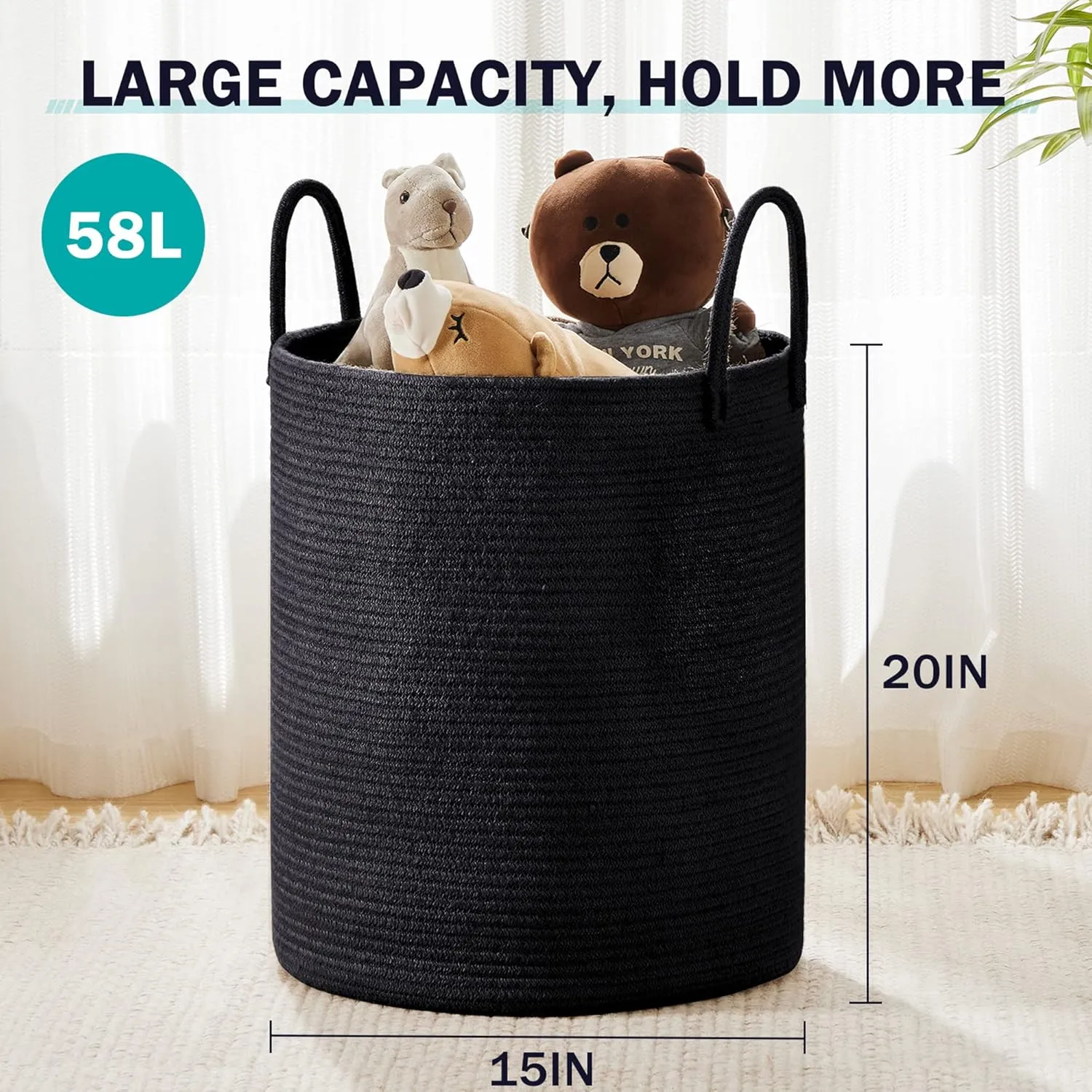 Woven Rope Laundry Hamper Basket, 58L Tall Laundry Basket, Baby Nursery Hamper for Blanket Storage in Bedroom-Large- Black