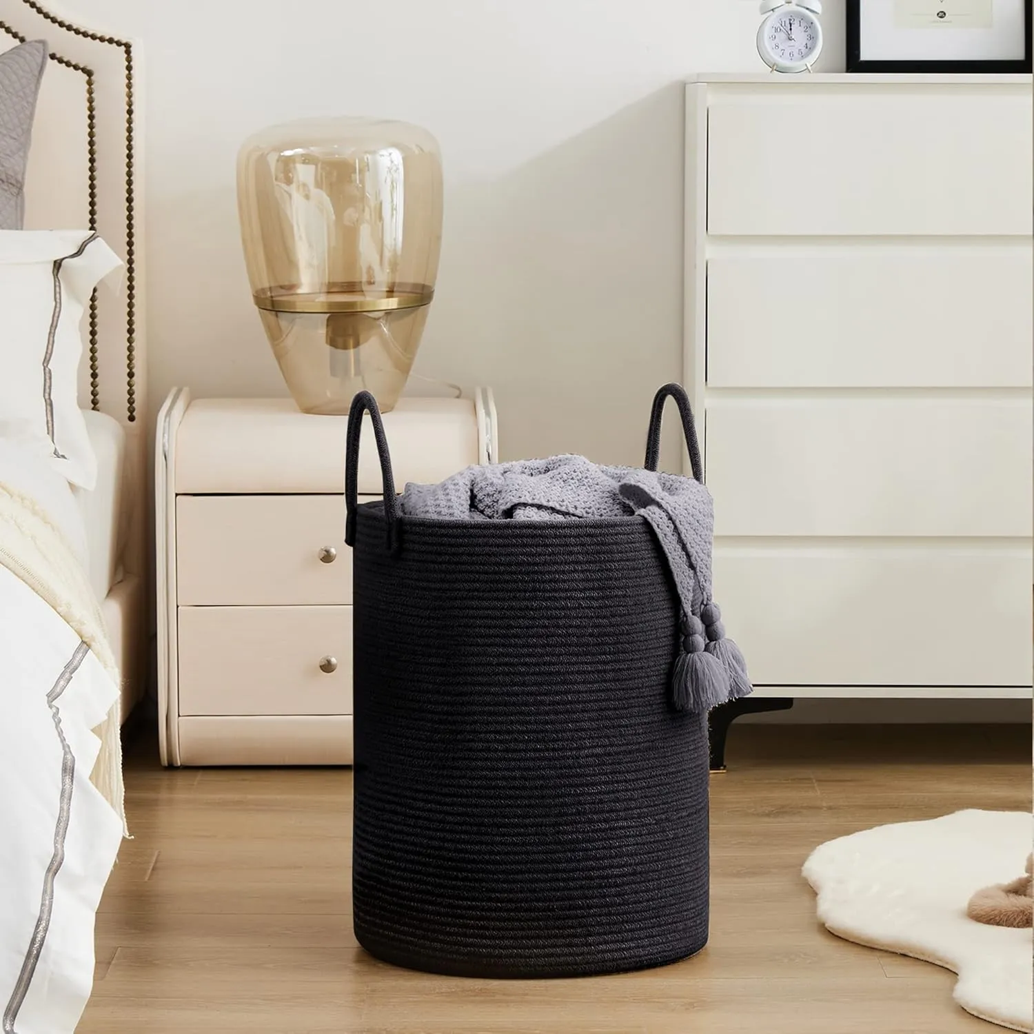 Woven Rope Laundry Hamper Basket, 58L Tall Laundry Basket, Baby Nursery Hamper for Blanket Storage in Bedroom-Large- Black