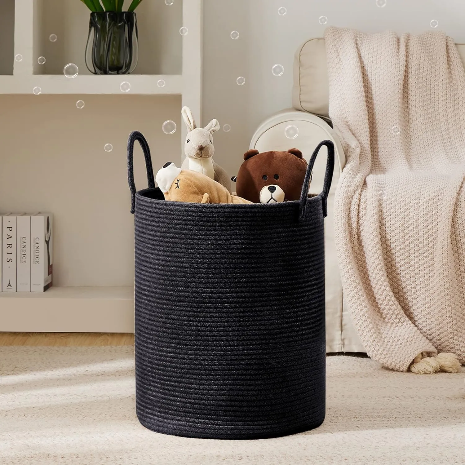 Woven Rope Laundry Hamper Basket, 58L Tall Laundry Basket, Baby Nursery Hamper for Blanket Storage in Bedroom-Large- Black