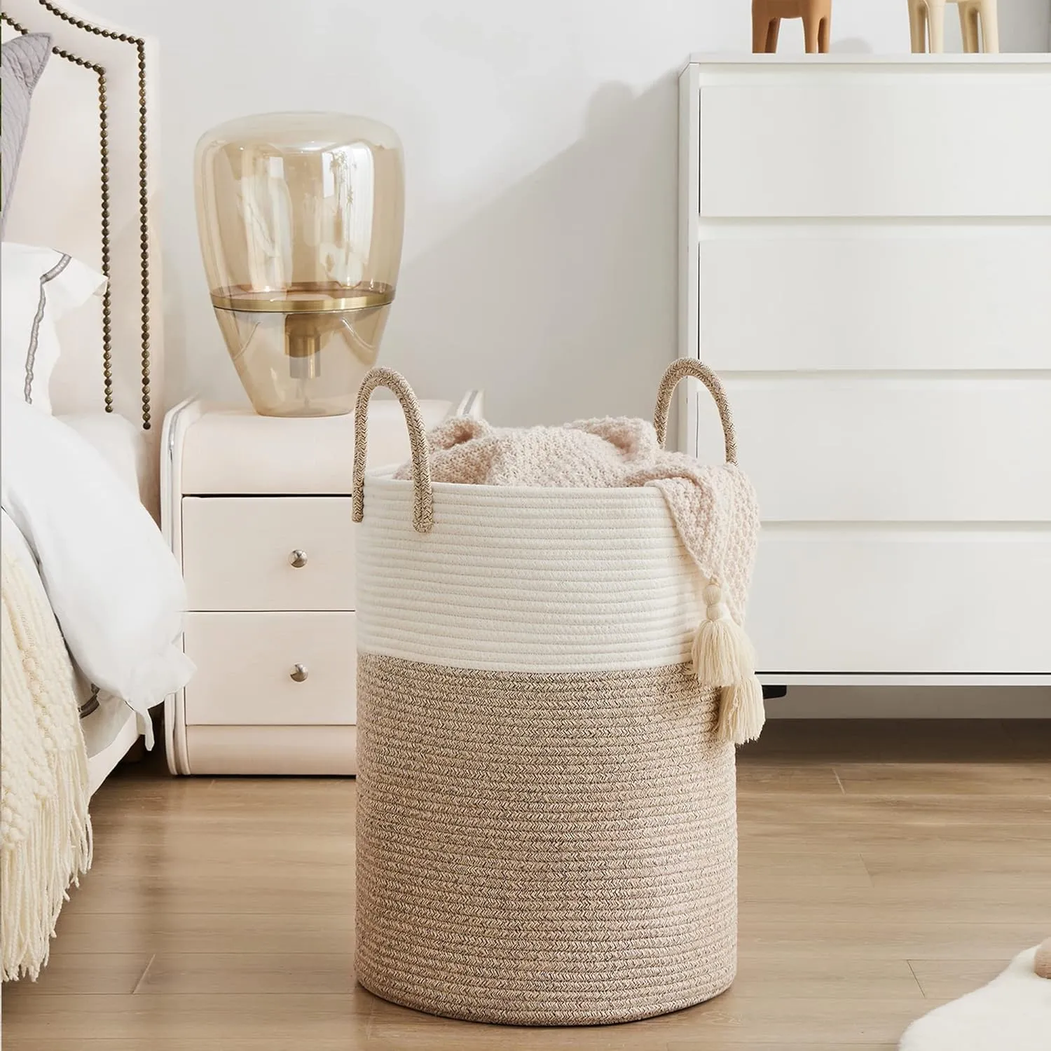 Woven Rope Laundry Hamper Basket, 58L Tall Laundry Basket, Baby Nursery Hamper for Blanket Storage in Bedroom-Large-Brown