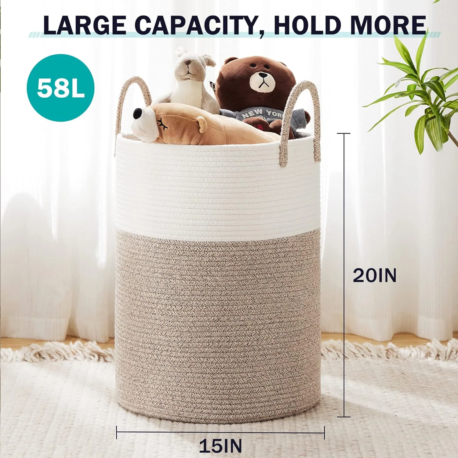 Woven Rope Laundry Hamper Basket, 58L Tall Laundry Basket, Baby Nursery Hamper for Blanket Storage in Bedroom-Large-Brown