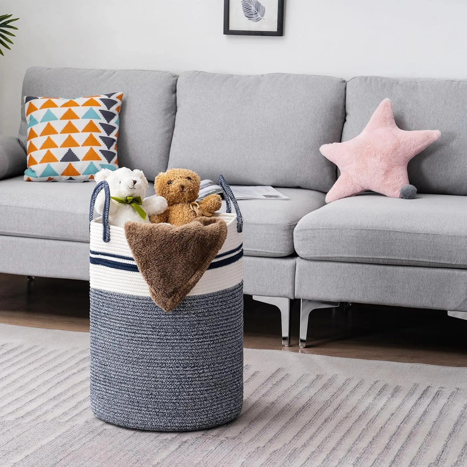 Woven Rope Laundry Hamper Basket by YOUDENOVA, 58L Tall Luandry Basket, Baby Nursery Hamper for Blanket Storage in Bedroom-Large-Blue