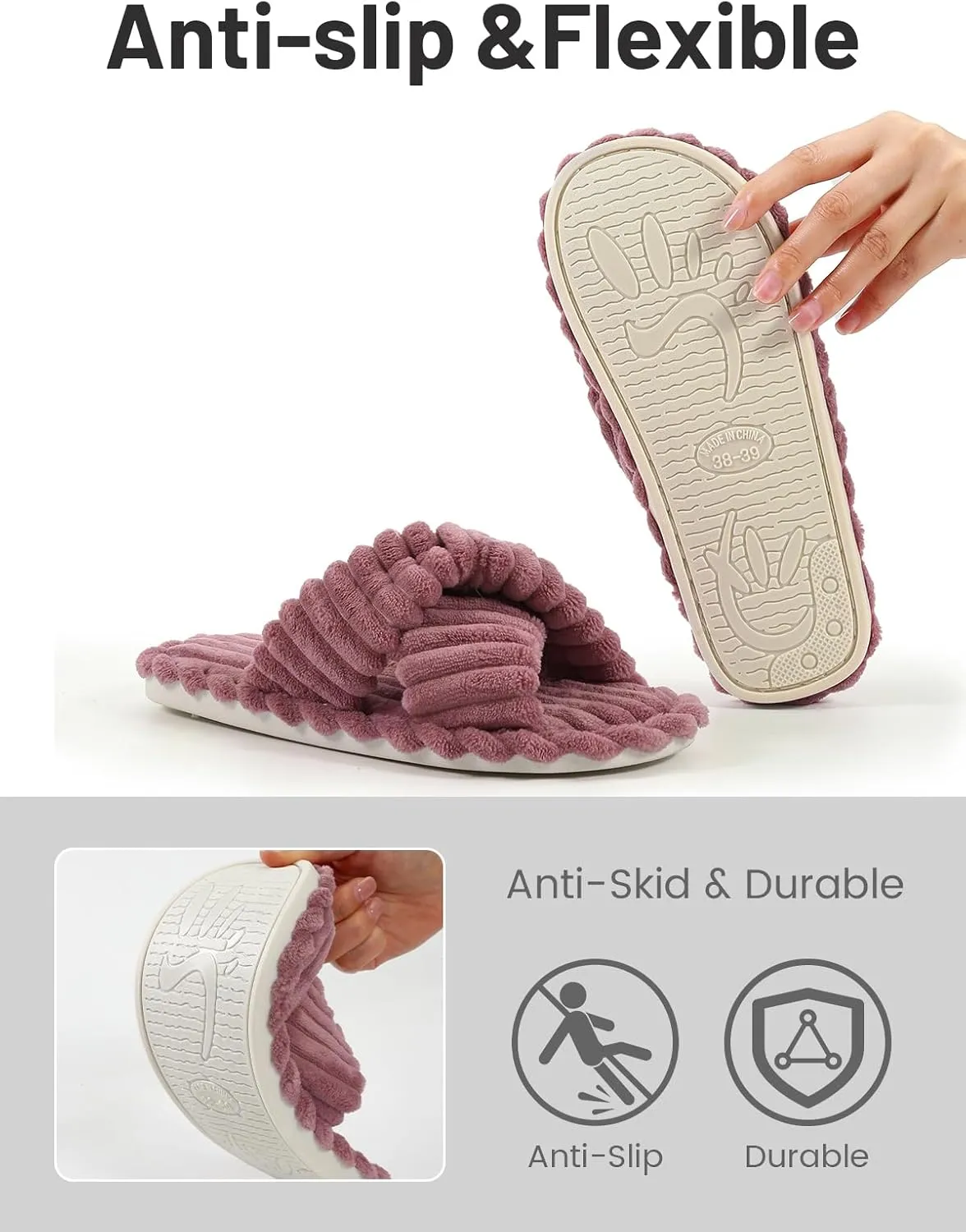 Xelky Indoor Slippers for Women House Open Toe Slipper Comfortable Corduroy Cross Bands Bedroom Shoes Fuzzy