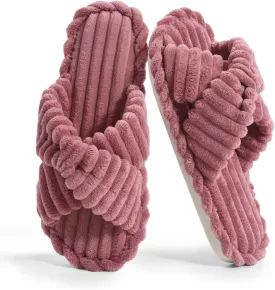 Xelky Indoor Slippers for Women House Open Toe Slipper Comfortable Corduroy Cross Bands Bedroom Shoes Fuzzy