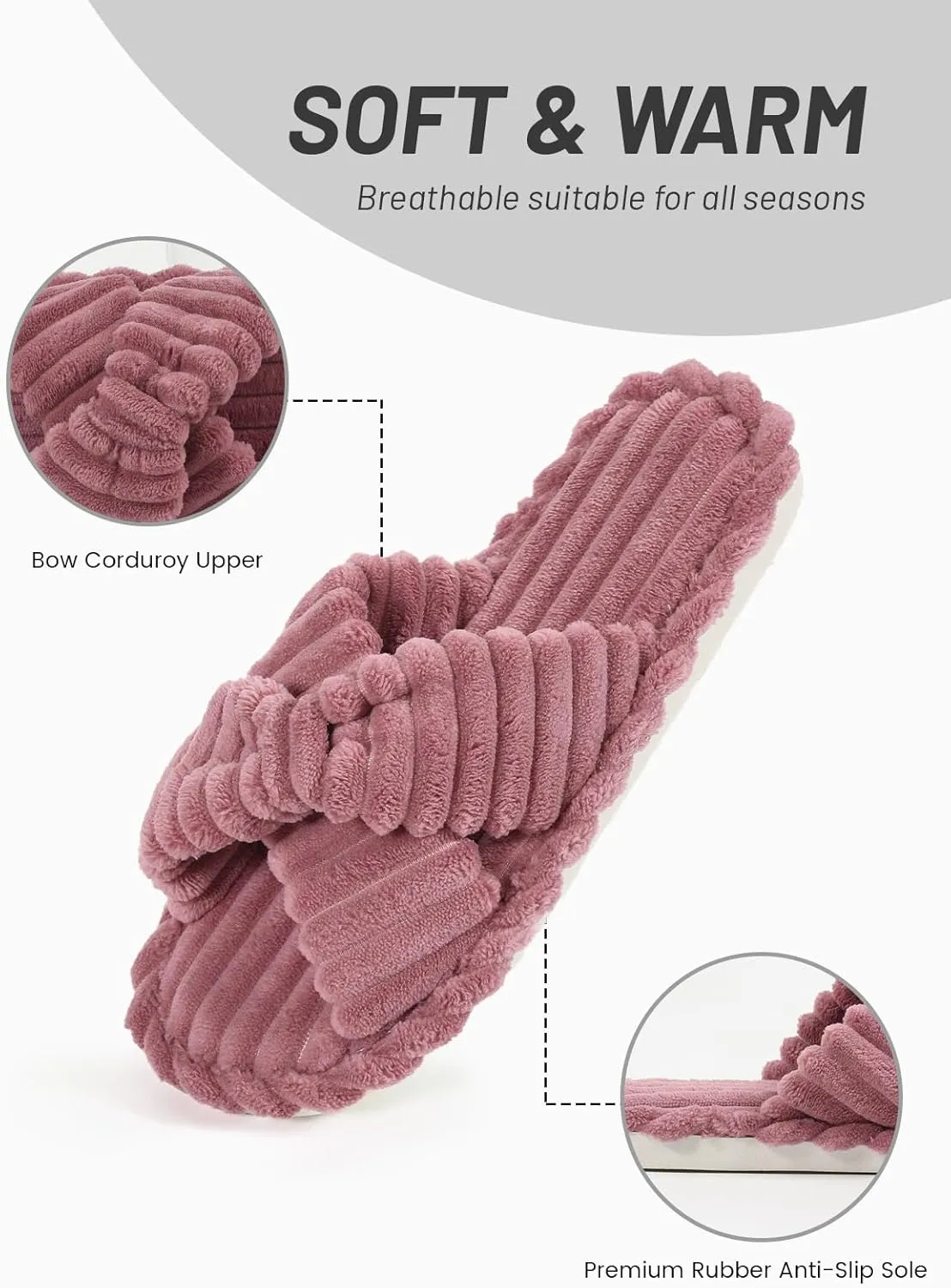 Xelky Indoor Slippers for Women House Open Toe Slipper Comfortable Corduroy Cross Bands Bedroom Shoes Fuzzy