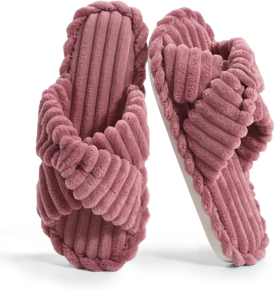 Xelky Indoor Slippers for Women House Open Toe Slipper Comfortable Corduroy Cross Bands Bedroom Shoes Fuzzy