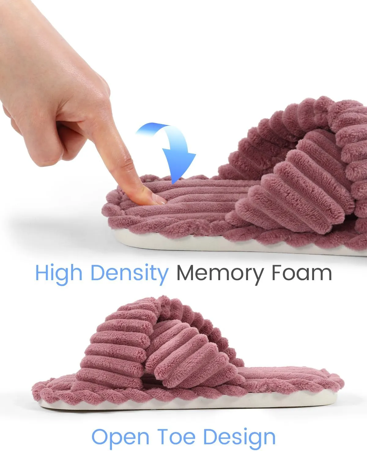 Xelky Indoor Slippers for Women House Open Toe Slipper Comfortable Corduroy Cross Bands Bedroom Shoes Fuzzy