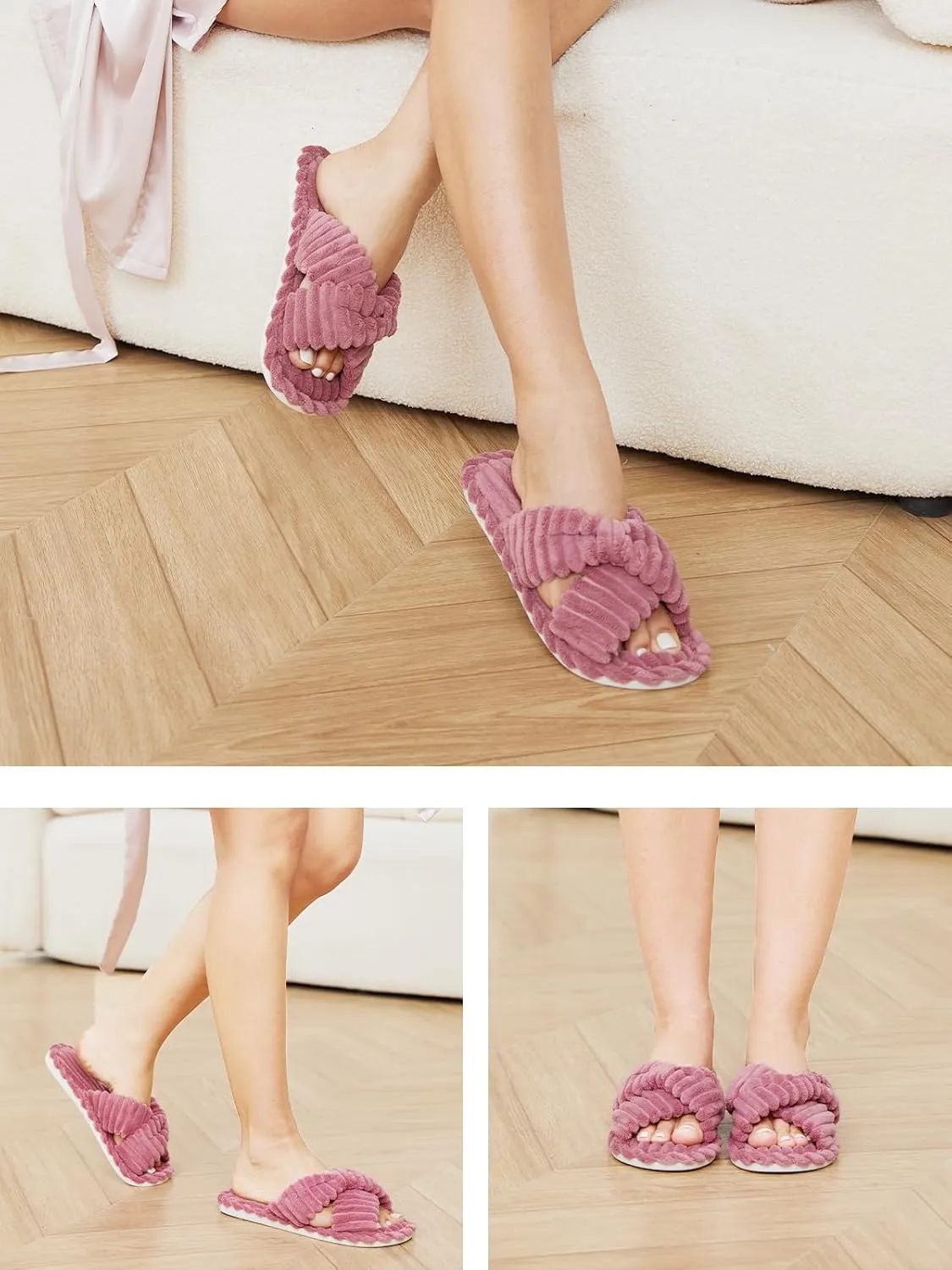 Xelky Indoor Slippers for Women House Open Toe Slipper Comfortable Corduroy Cross Bands Bedroom Shoes Fuzzy