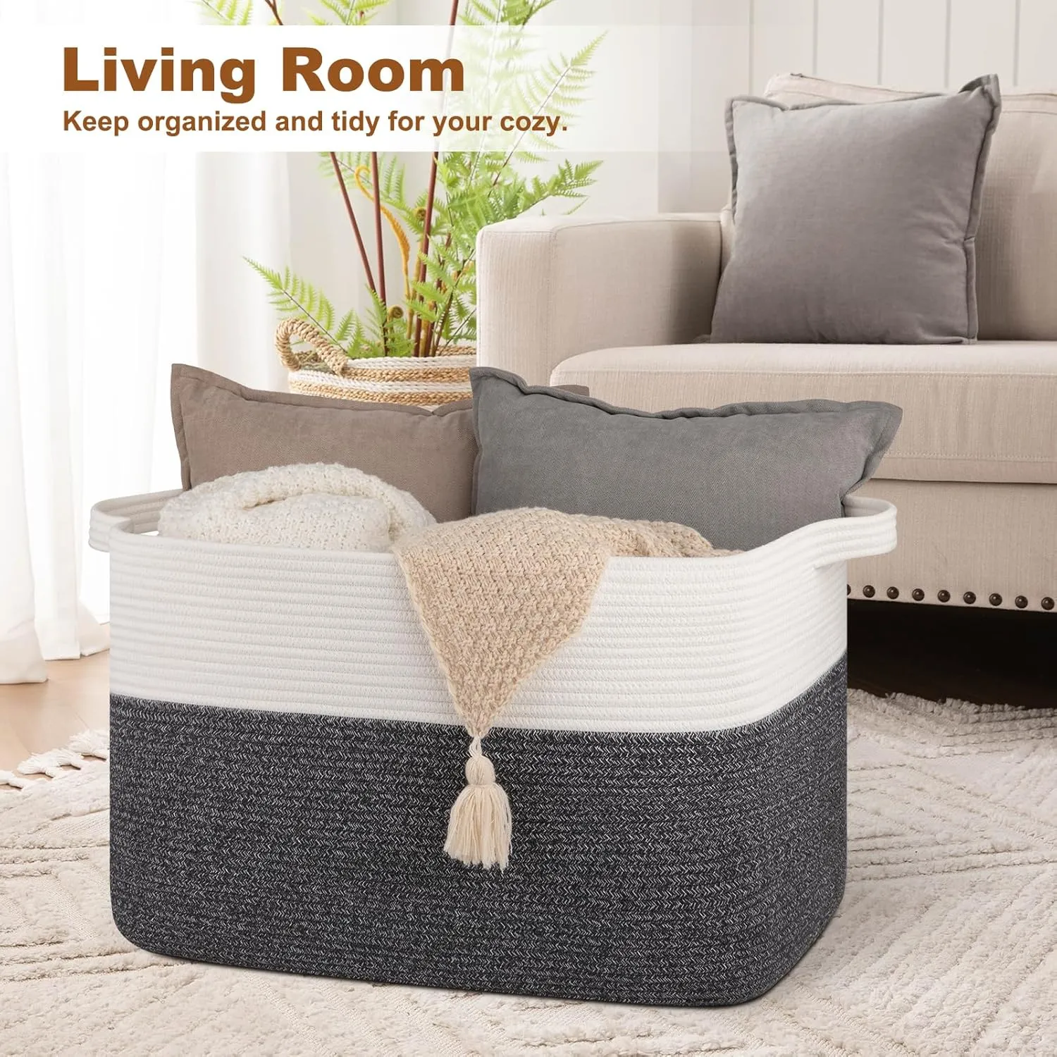 XXXL Supre Large Blanket Basket for Clothes, Towels, Pillows, 108L Cotton Rope Storage Basket for Living Room, Supre Large Woven Toy Storage for Kids, 25" x 16" x 16", Dark Grey and White