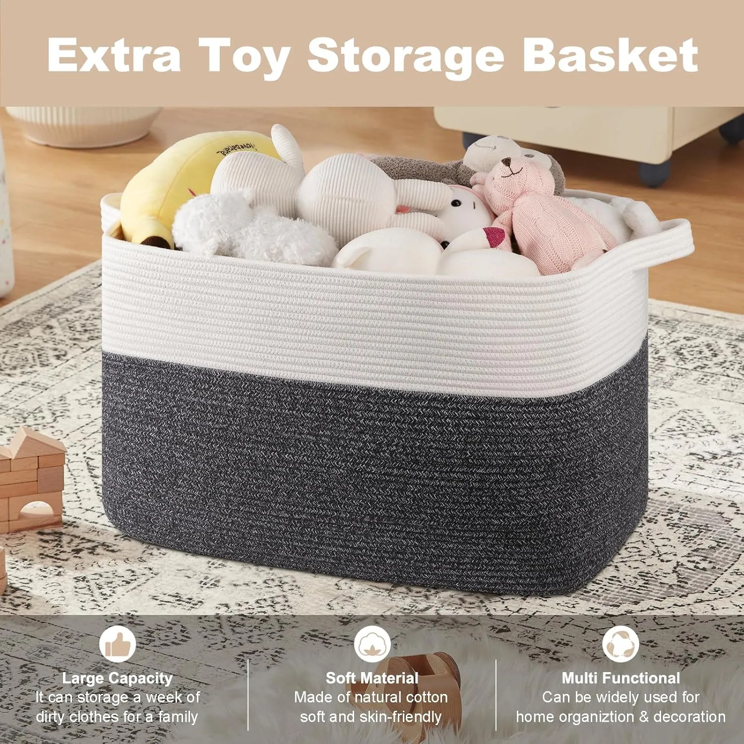 XXXL Supre Large Blanket Basket for Clothes, Towels, Pillows, 108L Cotton Rope Storage Basket for Living Room, Supre Large Woven Toy Storage for Kids, 25" x 16" x 16", Dark Grey and White