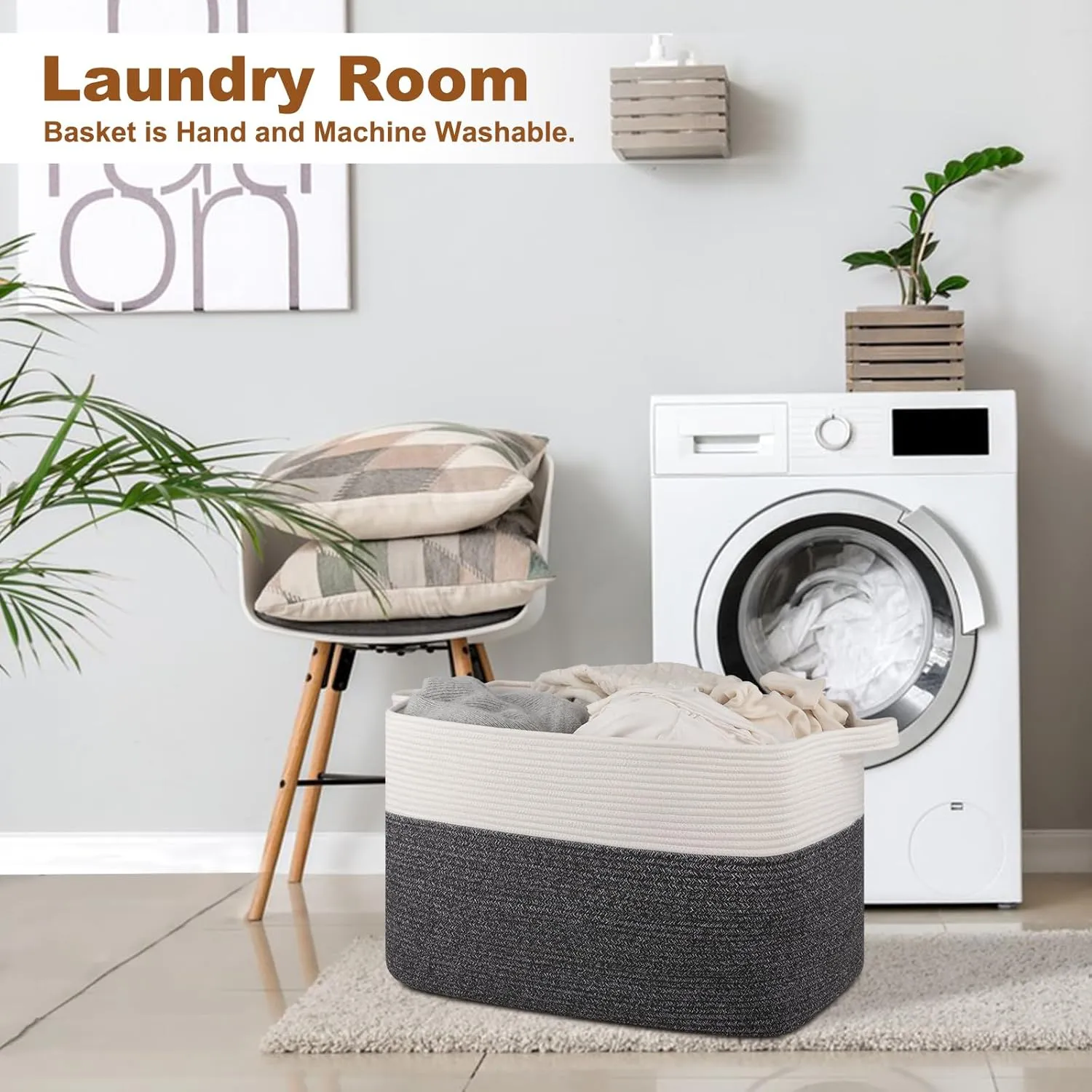XXXL Supre Large Blanket Basket for Clothes, Towels, Pillows, 108L Cotton Rope Storage Basket for Living Room, Supre Large Woven Toy Storage for Kids, 25" x 16" x 16", Dark Grey and White