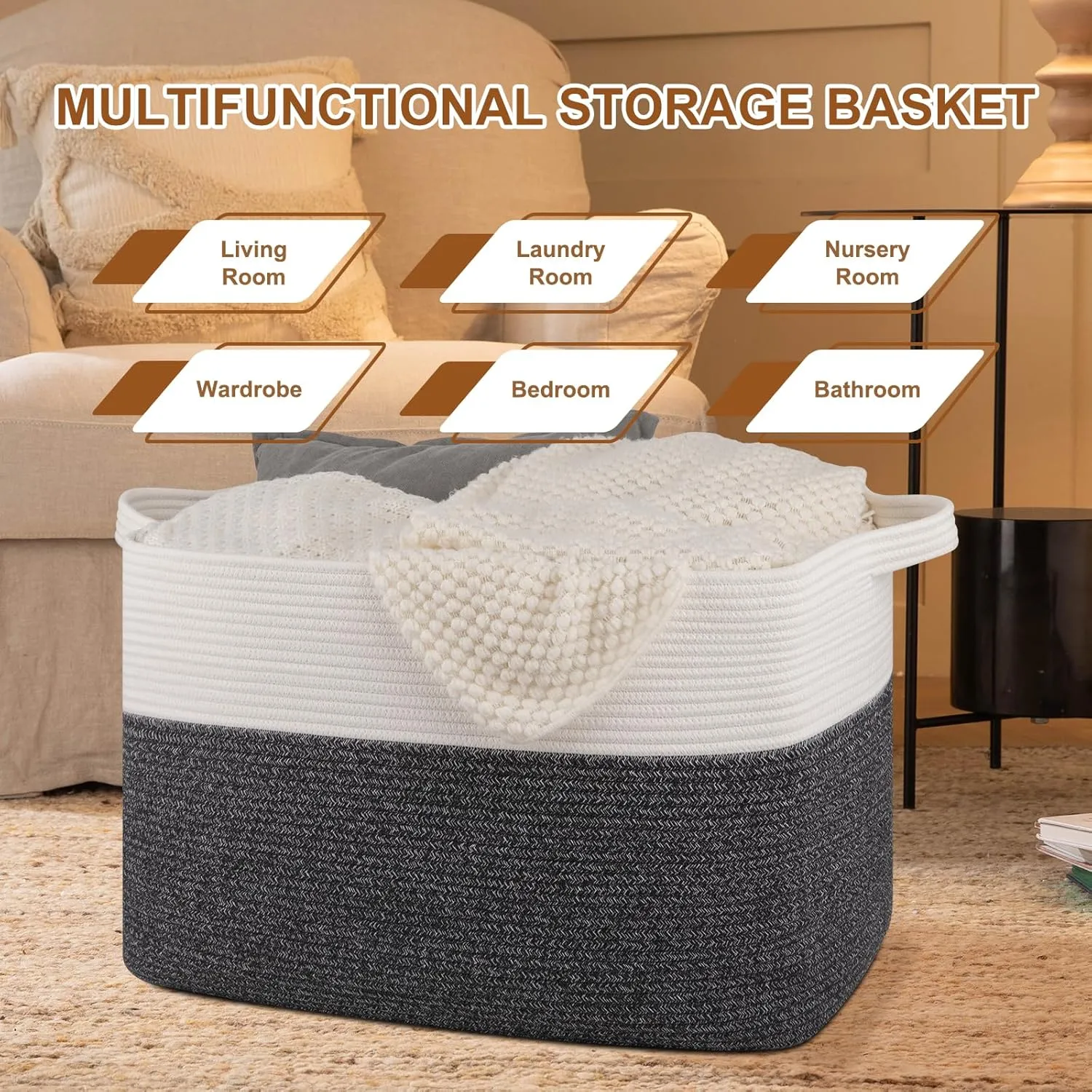 XXXL Supre Large Blanket Basket for Clothes, Towels, Pillows, 108L Cotton Rope Storage Basket for Living Room, Supre Large Woven Toy Storage for Kids, 25" x 16" x 16", Dark Grey and White