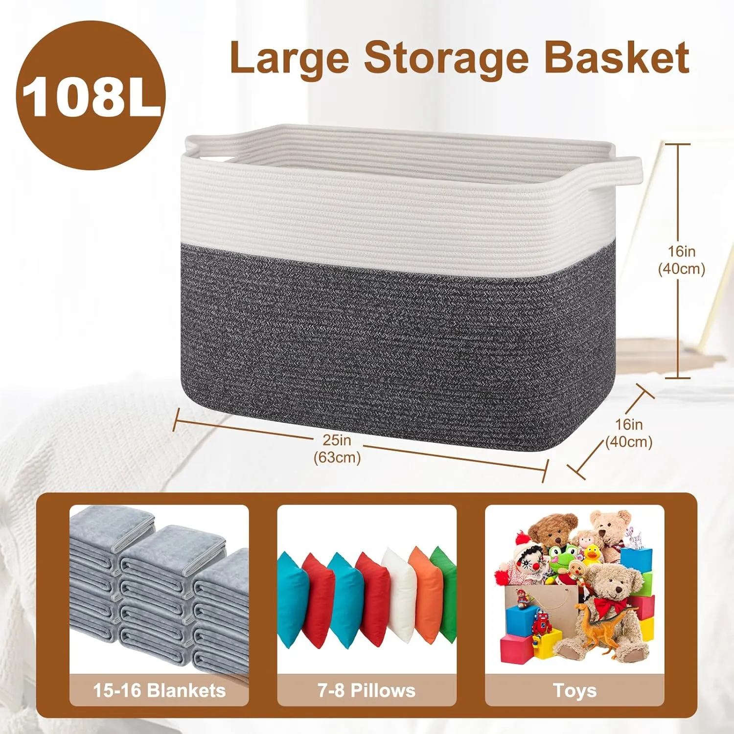 XXXL Supre Large Blanket Basket for Clothes, Towels, Pillows, 108L Cotton Rope Storage Basket for Living Room, Supre Large Woven Toy Storage for Kids, 25" x 16" x 16", Dark Grey and White