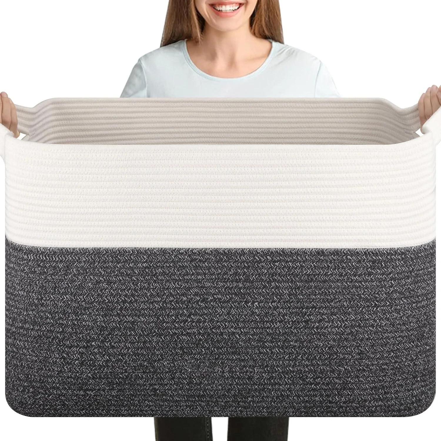 XXXL Supre Large Blanket Basket for Clothes, Towels, Pillows, 108L Cotton Rope Storage Basket for Living Room, Supre Large Woven Toy Storage for Kids, 25" x 16" x 16", Dark Grey and White